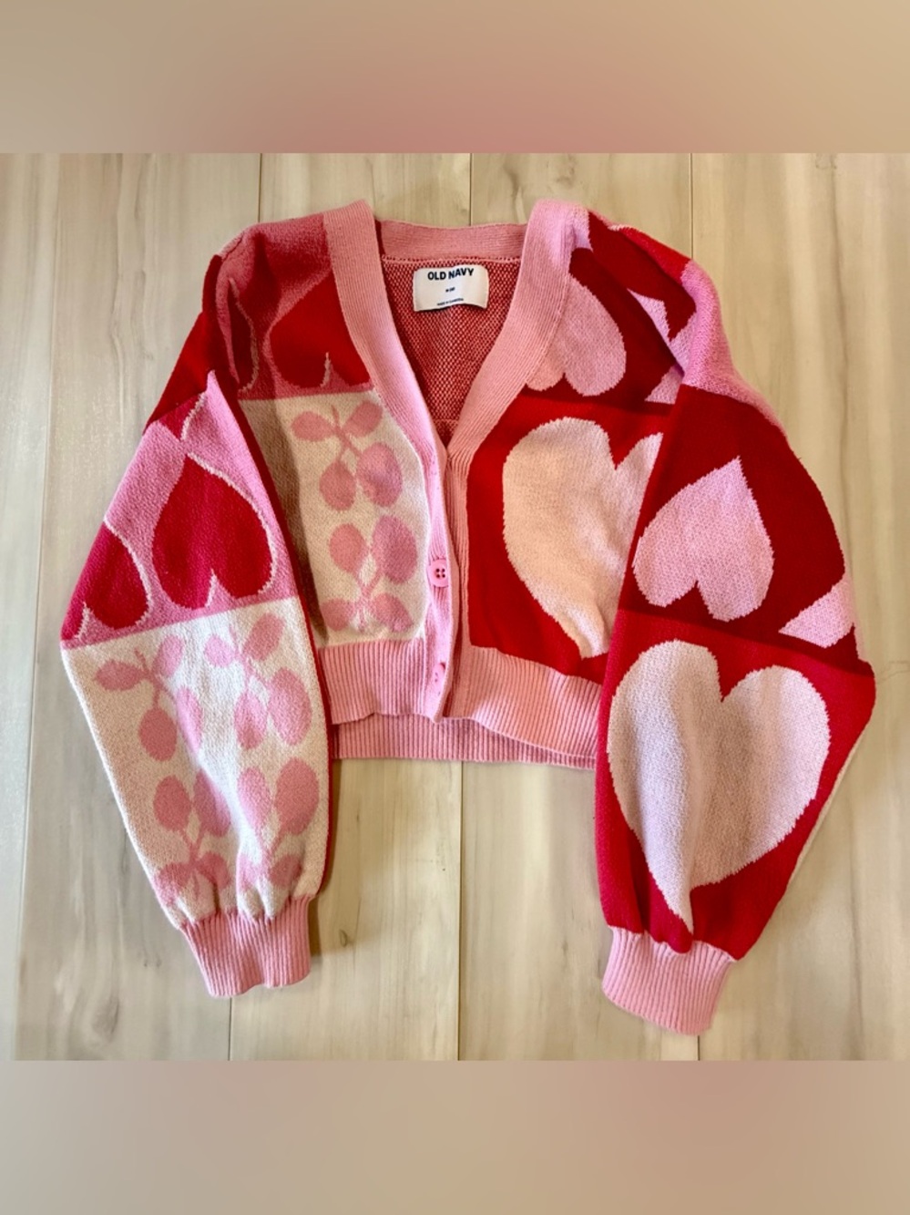Old Navy Pink & Red Heart Patchwork Cropped Cardigan
